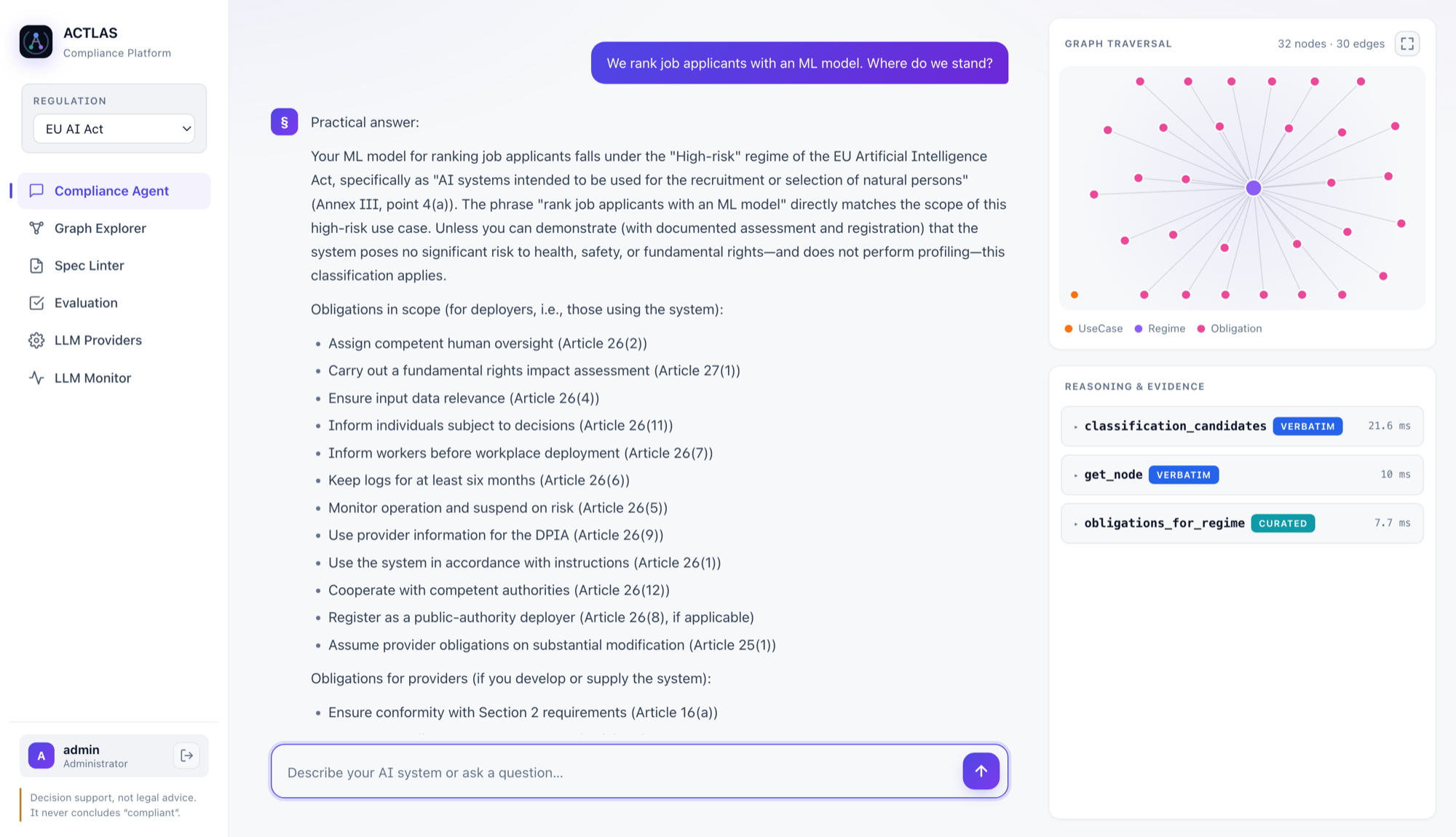ACTLAS Compliance Agent: an ML hiring tool classified high-risk, the deployer and provider obligations that follow, and the sub-graph the agent traversed